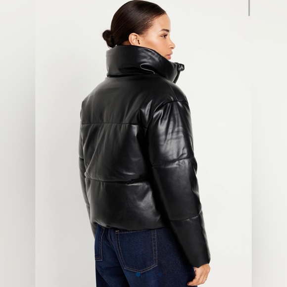 Faux Leather Black Puffer Puffy Winter Jacket - Picture 2 of 3